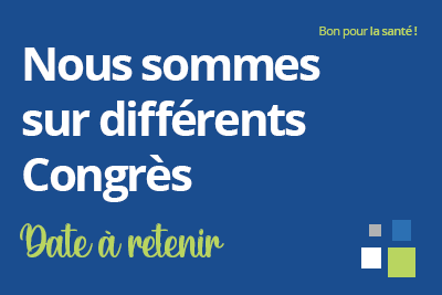 Une banderole bleue et verte avec la mention « nous sommes sur différents congrès ».