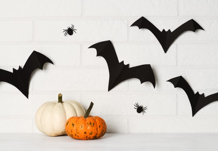 Un groupe de chauves-souris noires sur un mur de briques blanches.