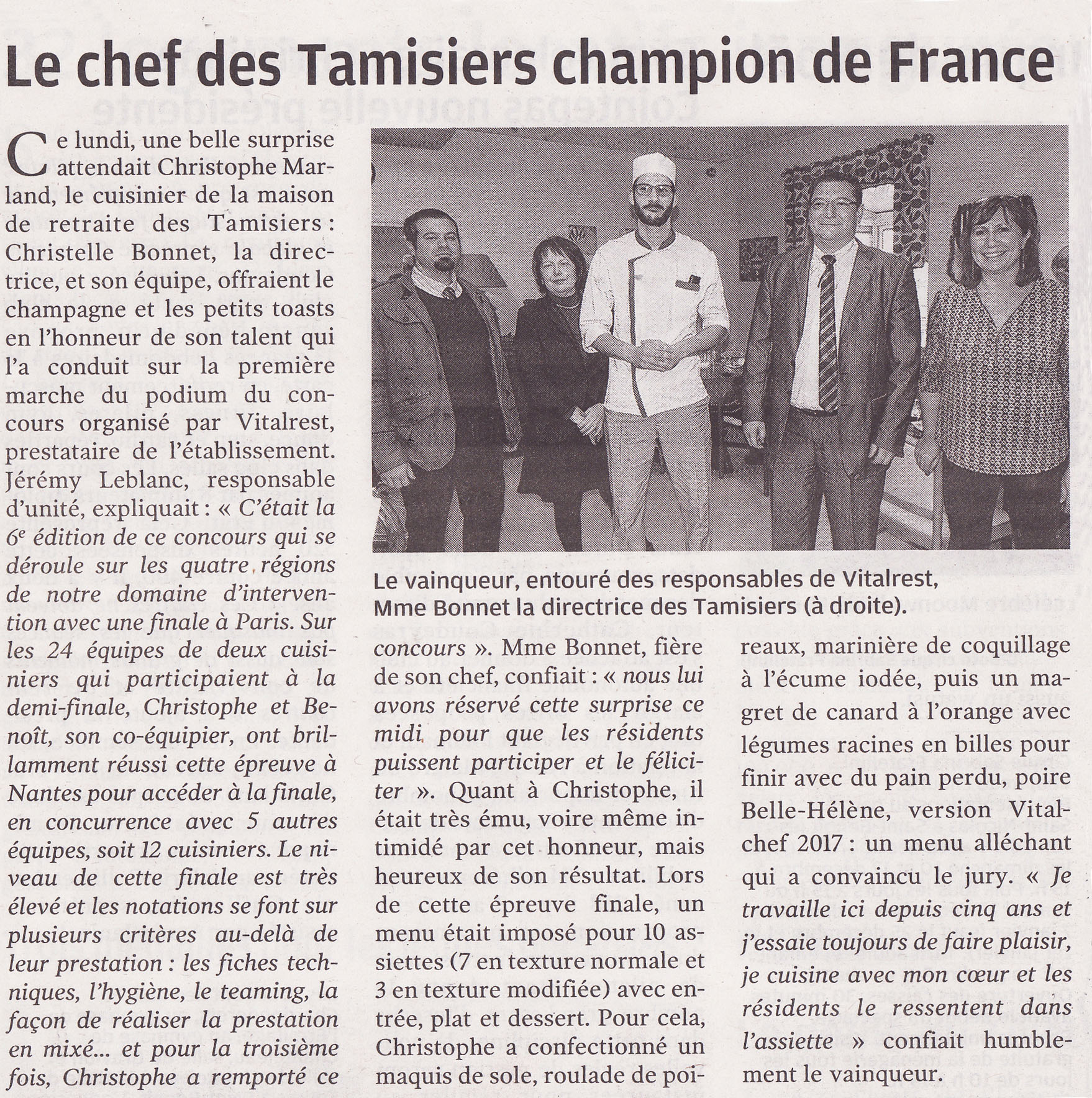 Image de l'article de la presse Ouest France sur le chef des Tamisiers (Christophe Marland) champion de France