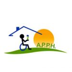 Logo Aph avec une personne en fauteuil roulant devant une maison.