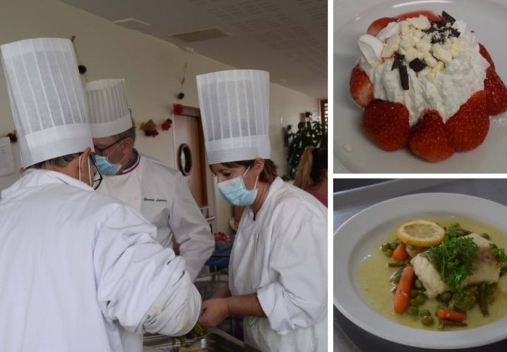 Quatre photos de chefs préparant des plats dans une cuisine.