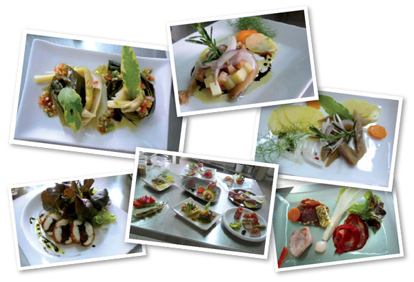 Un collage de photos de nourriture dans des assiettes.