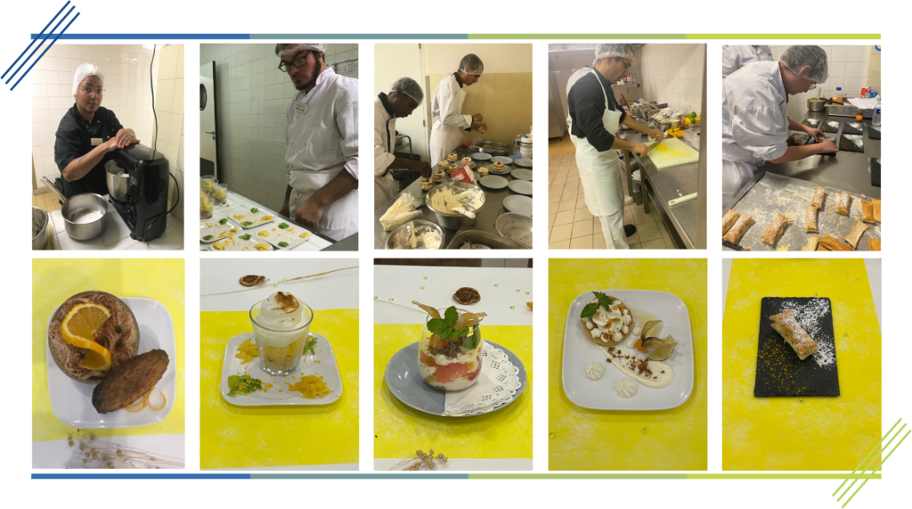 Un collage de photos montrant un chef préparant de la nourriture pour un concours culinaire pour les personnes en situation de handicap.