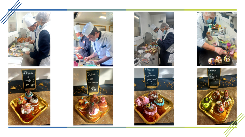 Un collage de photos d'un concours culinaire pour les personnes en situation de handicap travaillant dans une cuisine.