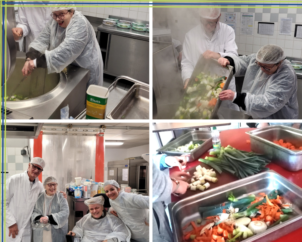 Un collage de photos de personnes travaillant dans une cuisine et préparant une soupe de légumes